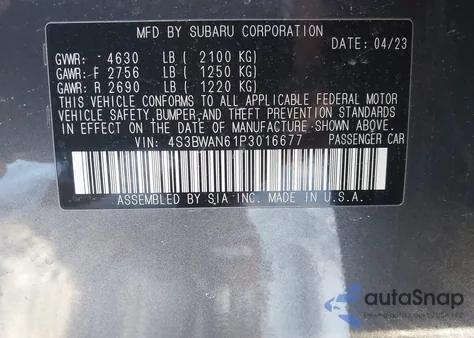 2023 Subaru Legacy Limited из США, поврежденный, VIN 4S3BWAN61P3016677